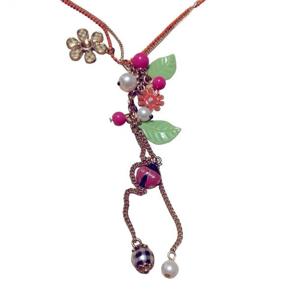 BETSEY JOHNSON Vintage Y-Drop Double-Strand Gold Beaded Charm Necklace NEW NWT - Picture 5 of 8